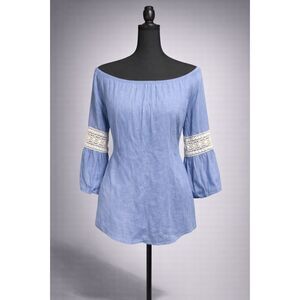 Women’s Off Shoulder Blue Boho Blouse Large Lace Trim Bell Sleeve Top